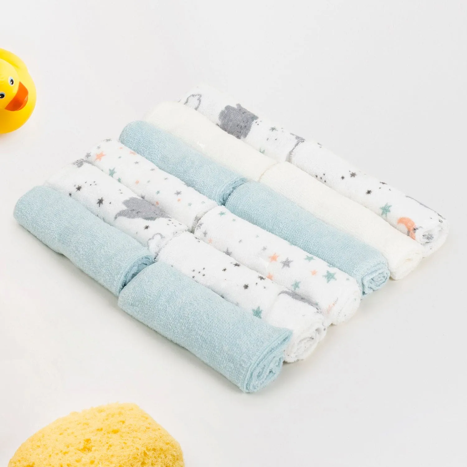 Baby Moo Elephant And Star Soft And Absorbent Handkerchief Napkins For Infant Face And Body Pack Of 12 Wash Cloth - Blue
